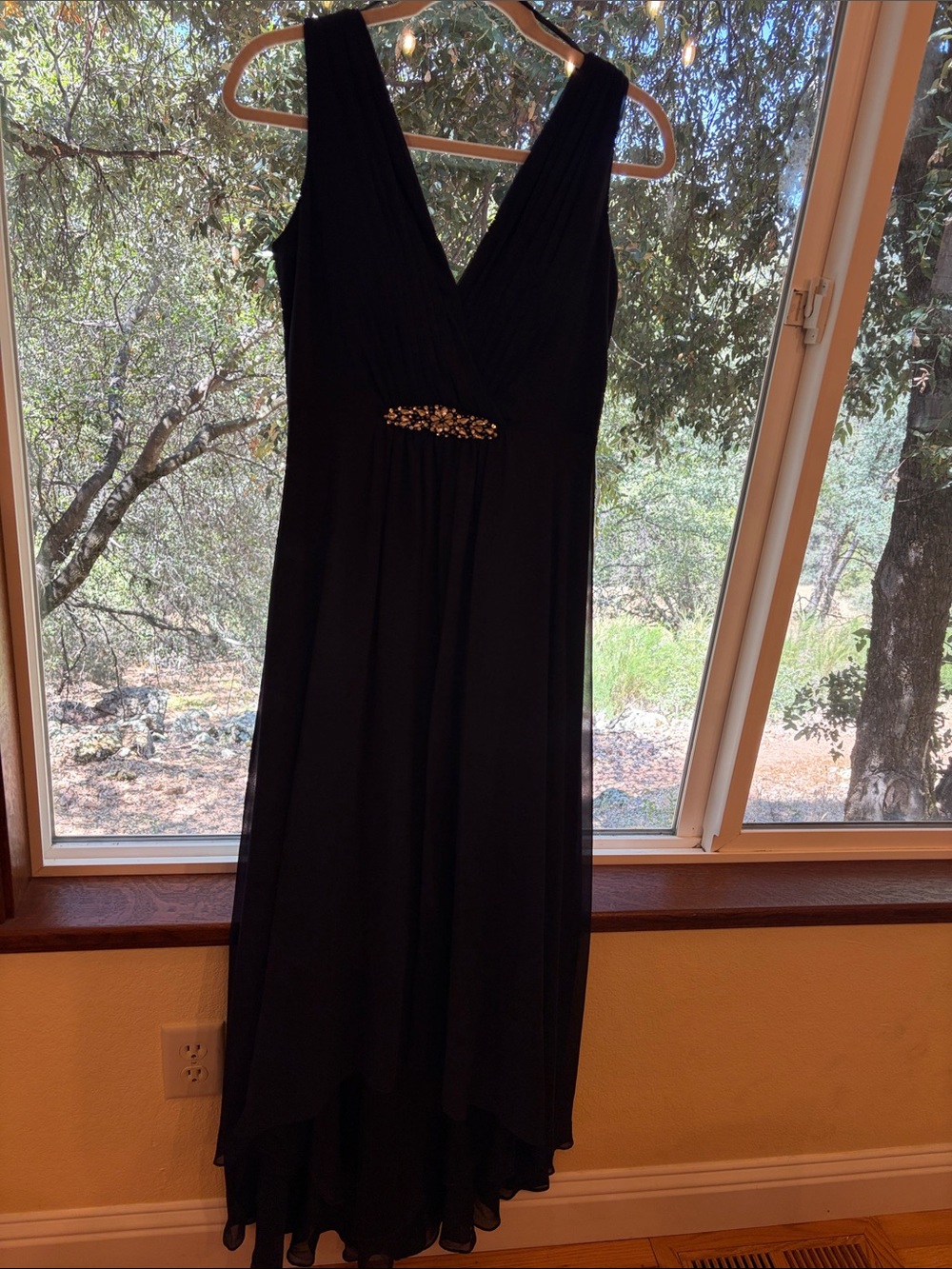 Eliza J Navy BlueHigh-Low V-Neck Dress with Jeweled Waist